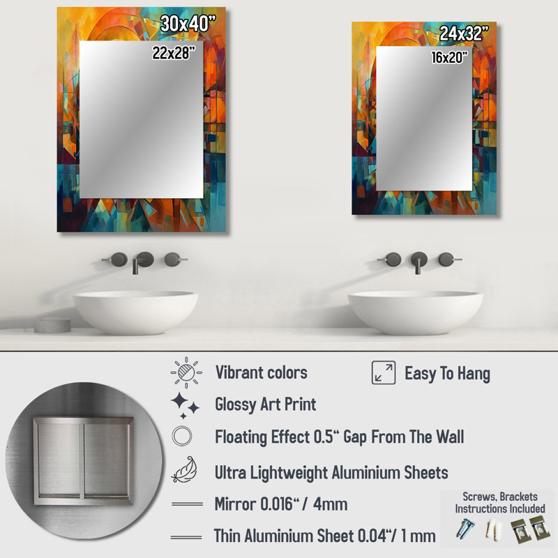 «Abstracting The Cubist Form I» - miroir mural cubique, miroir décoratif orange, impression d'art en métal, 32 po x 24 po