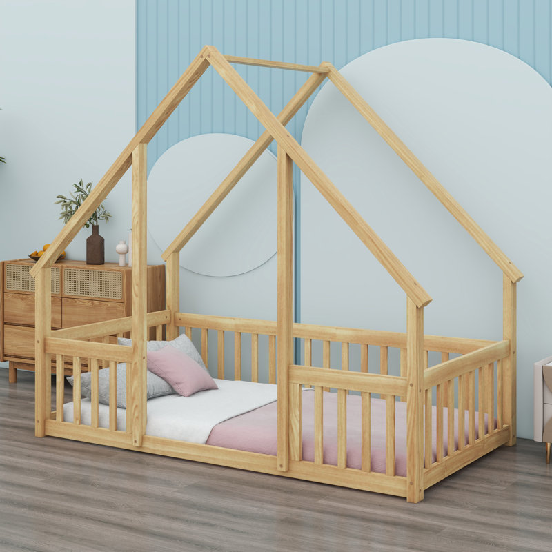 Playhouse Style Floor Bed with Protective Fence and Safety Guardrails, Natural