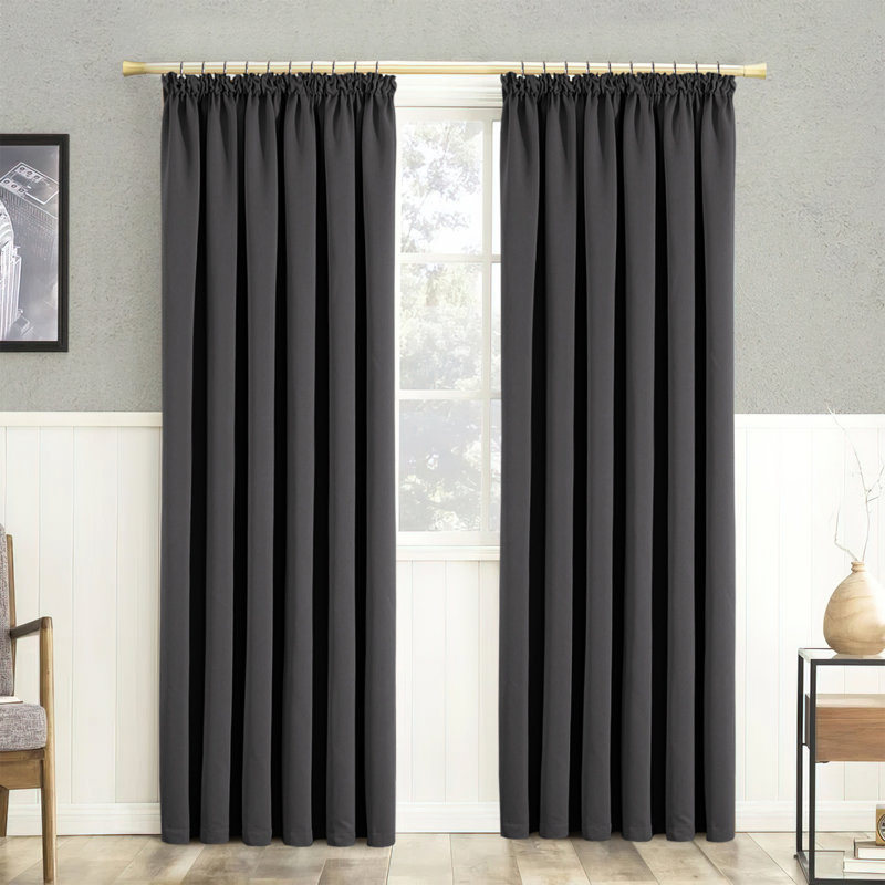100% Polyester Blackout Pencil Pleat Room Darkening 230 GSM Curtains (Set of 2), Dark Grey, 117cm Width x 137cm Drop