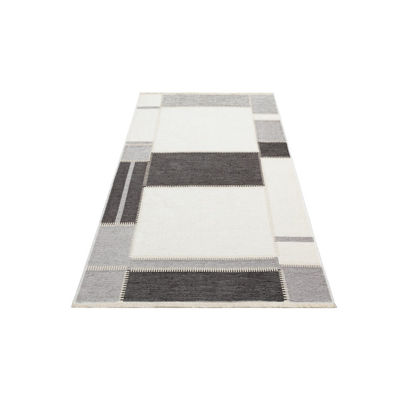 Tapis de couloir gris / crème en polyester tissé à plat 2 pi 6 po x 9 pi 10 po Chrysanthe, Rectangle 3 pi 9 po x 5 pi 11 po