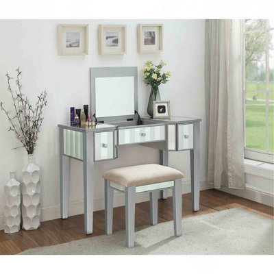 Transitional Style 1Pc Vanity W/ Stool Set Core Design Storage Drawers Central Mirror Padded Stool Silver Finish Bedroom Furniture