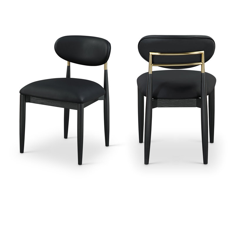 Riccio Vegan Leather Upholstered Dining Side Chair, Black, Stained Black / Brushed Brass