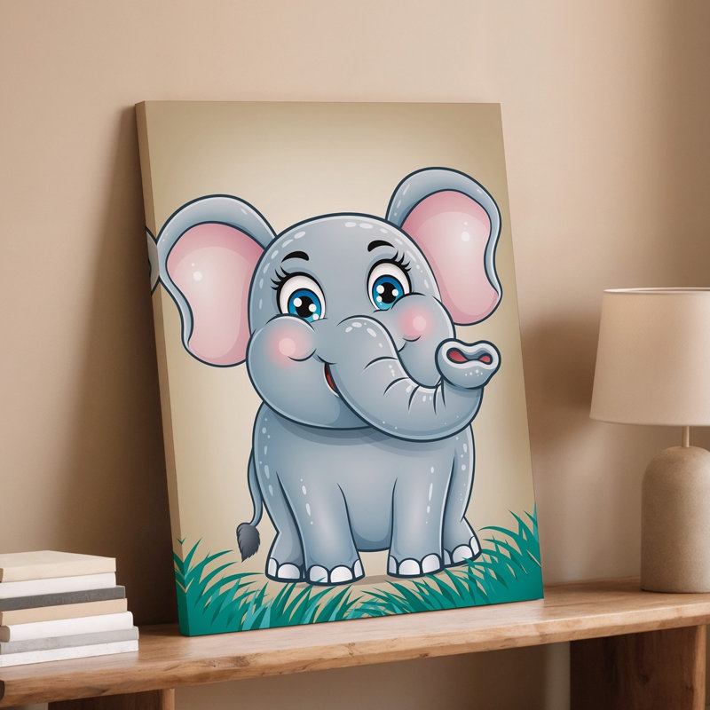 Toile, un joyeux éléphant se tient debout dans une pose ludique, exaucant l'art mural «Joy and Innocence» avec ses grands yeux expressifs