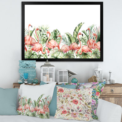 Flamants roses et feuilles de palmier et oiseaux tropicaux - peinture sur toile