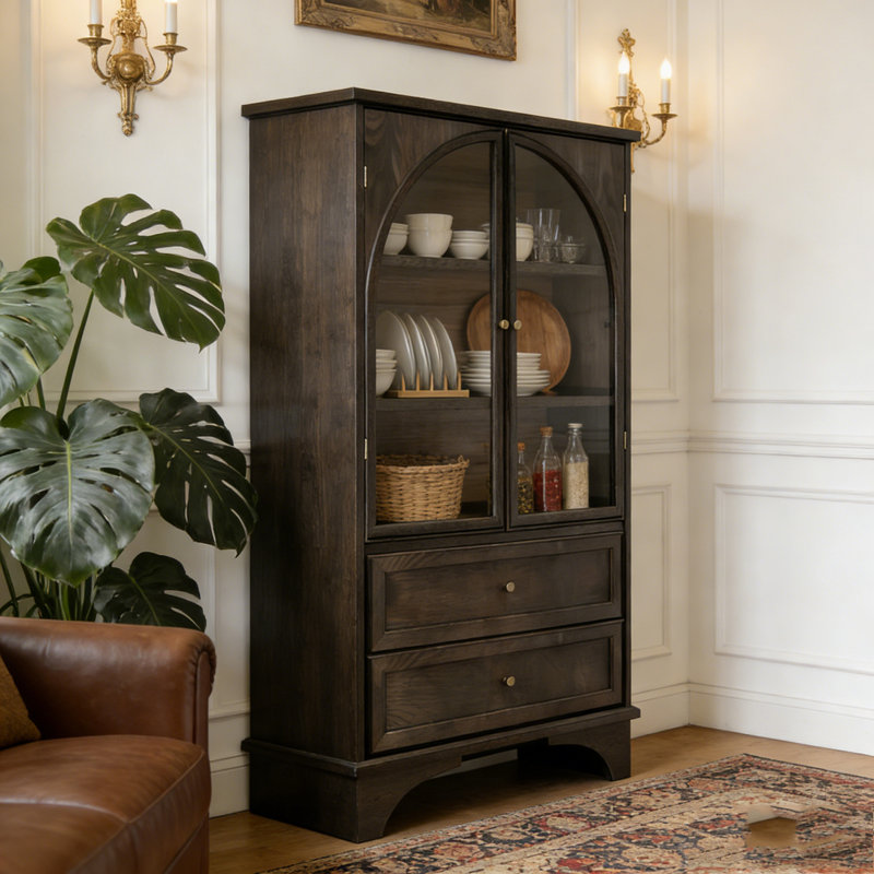 52.17"H Glass Door Display Case Storage Cabinet with 2 Drawers and Adjustable Shelf, Spacious Storage, Brown