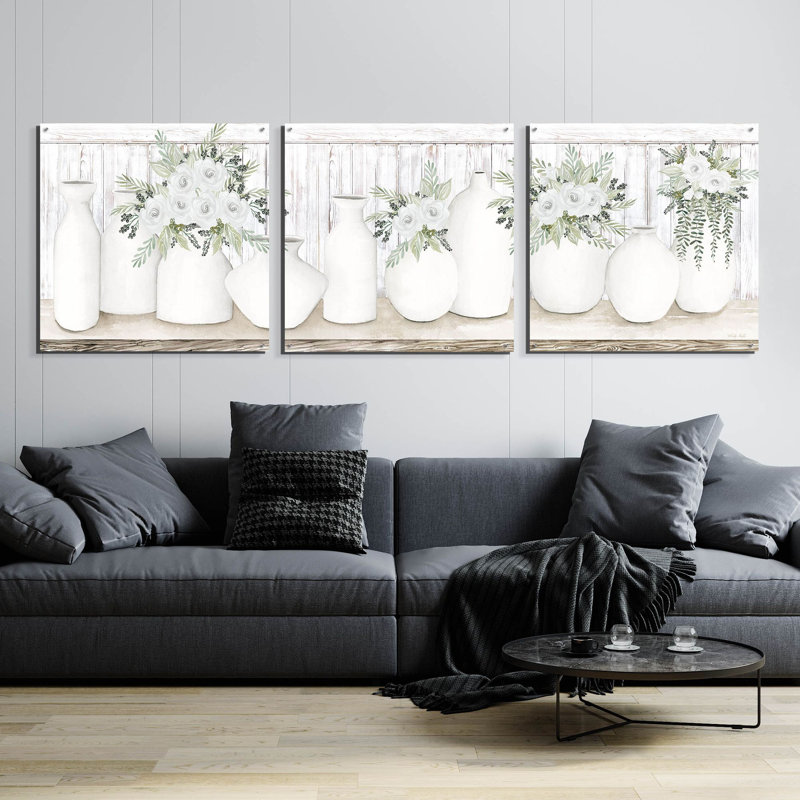 'White Simplicity' by Cindy Jacobs, Acrylic Glass Wall Art, 3 Piece Set, 36" H x 108" W