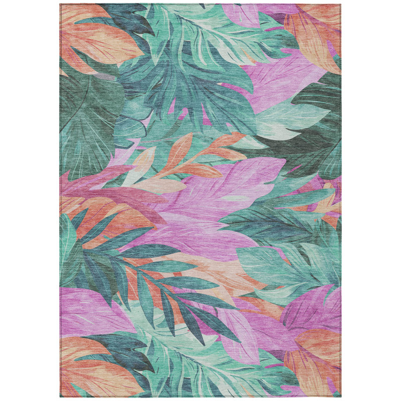 Tropical Floral Red and Teal Synthetic Washable Rug 3' x 5'
