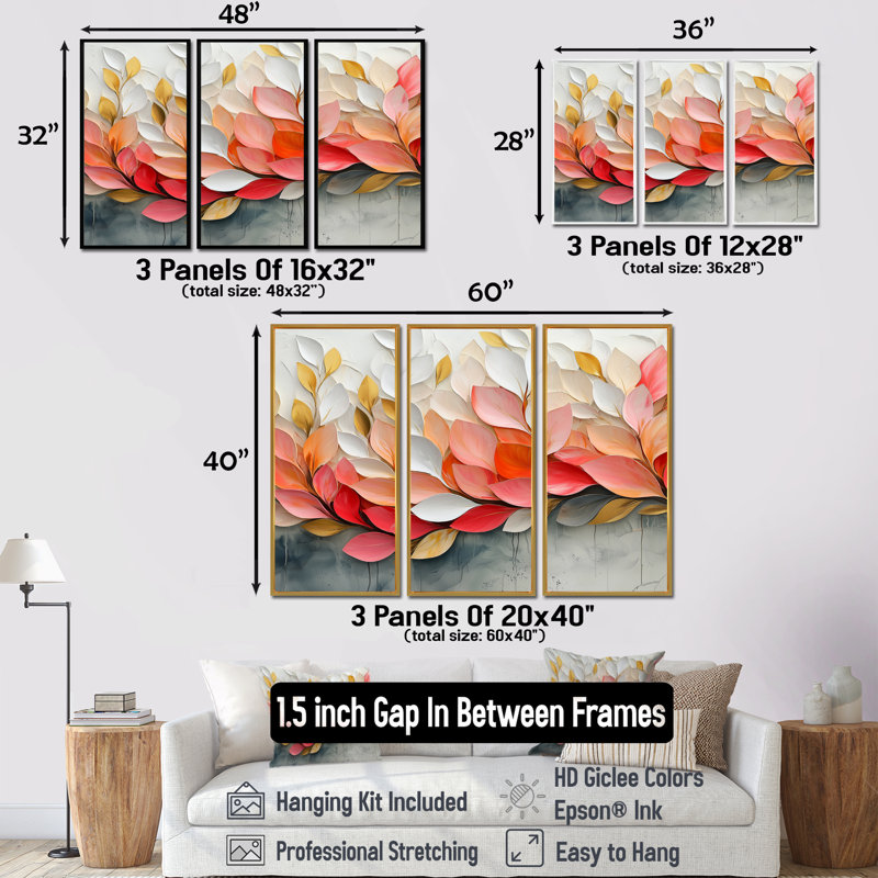 Velours rose nature pétale dans le vent - fleurs grand art mural - 3 panneaux, H 32 po x l 48 po, Argent argent