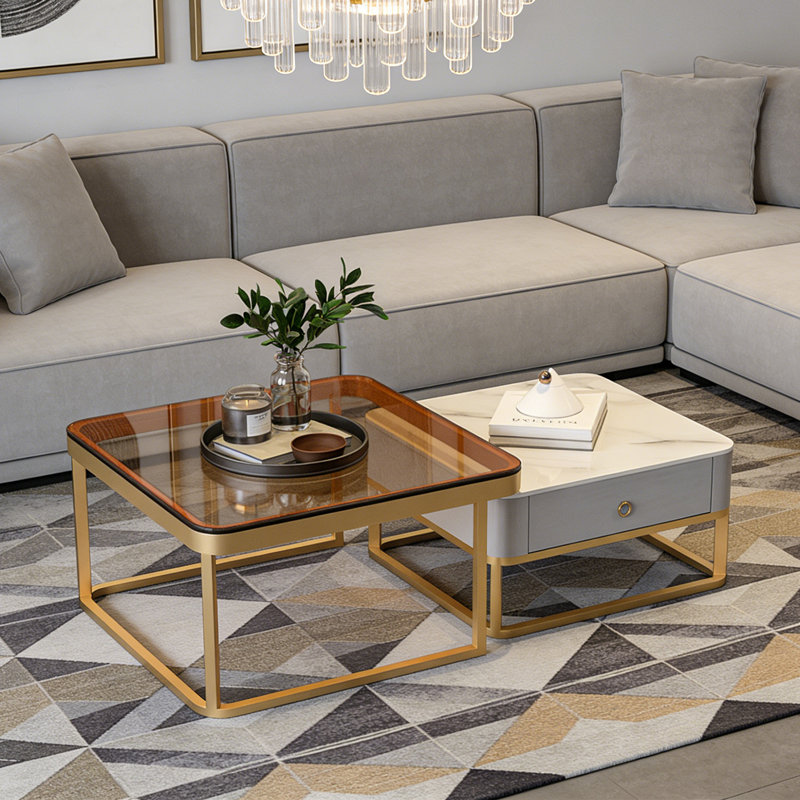 Table basse simple et moderne, H 17 po x L 27,55 po x l 27,55 po, Blanc / gris / transparent, Gold