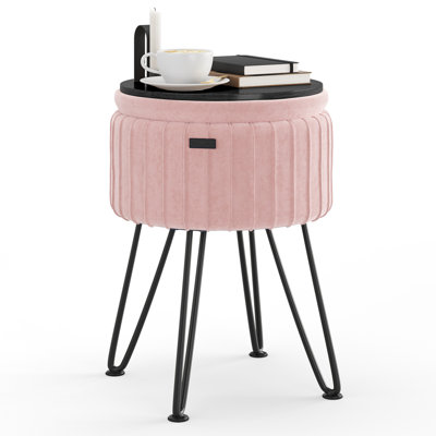 Round Pleated Velvet Ottoman with Storage