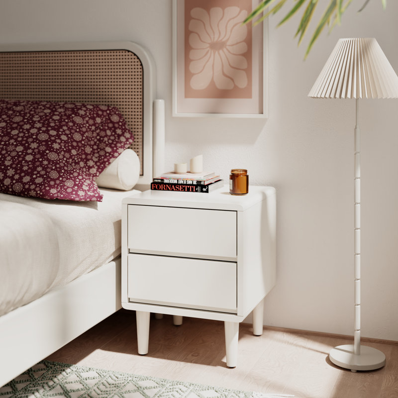 Solid Wood Mid-Century Modern Nightstand, White, 19.7" H