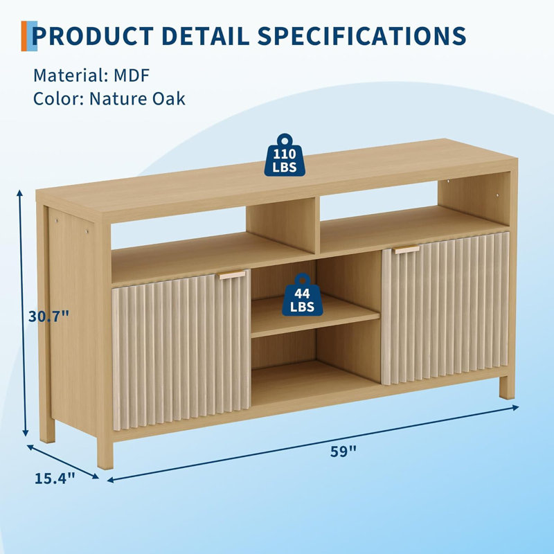Fluted TV Stand For 65" TV, Adjustable Shelves, Oak