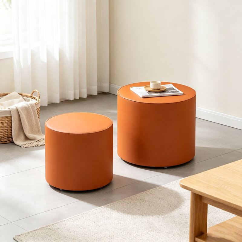 Table basse gigogne ronde en 2 parties, table d'appoint cylindrique en MDF revêtue de cuir sellier, table d'appoint moderne pour salon