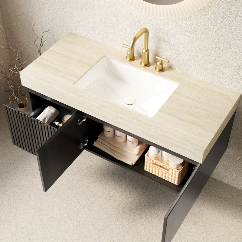 Lavabo de salle de bain 48 po avec comptoir en pierre frittée à motif, trou de trop-plein en céramique, rangement en contreplaqué flottant à 2 portes et 1 tiroir, évier supérieur pré-assemblé, à gratter et à haute résistance, rangement