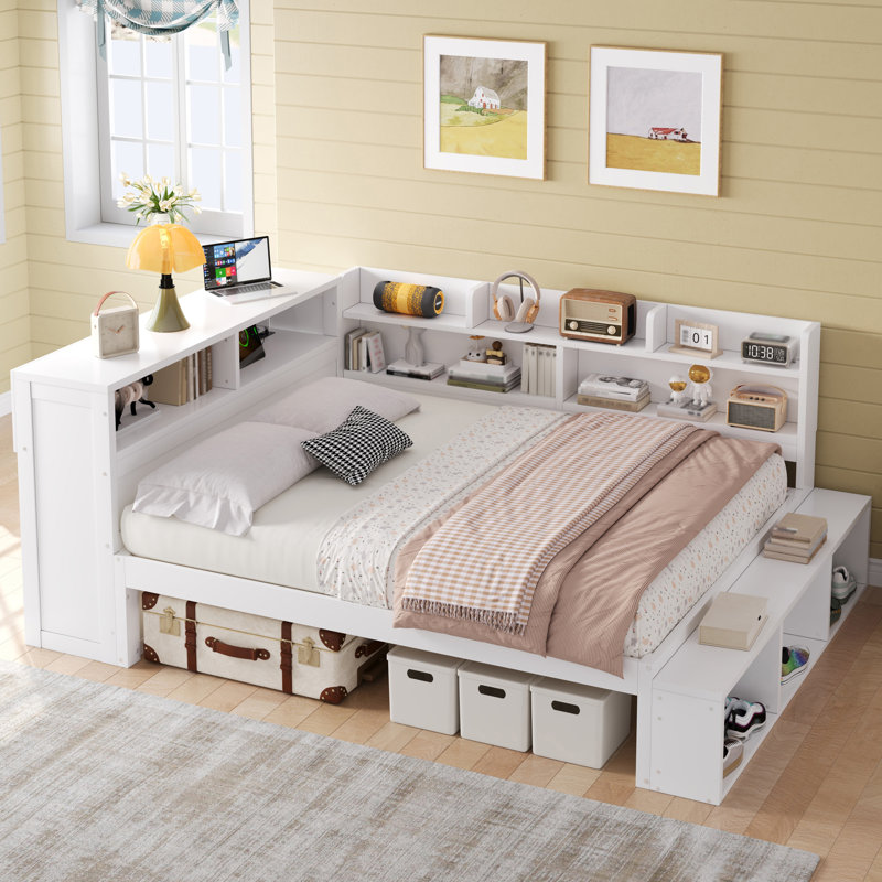 Lit de jour double avec rangement et armoires à chaussures, ports de chargement USB, lit blanc multifonctionnel, Blanc