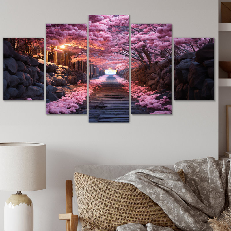 «Pink Tranquil Flowers Twilight», reproduction sur toile florale, 5 panneaux