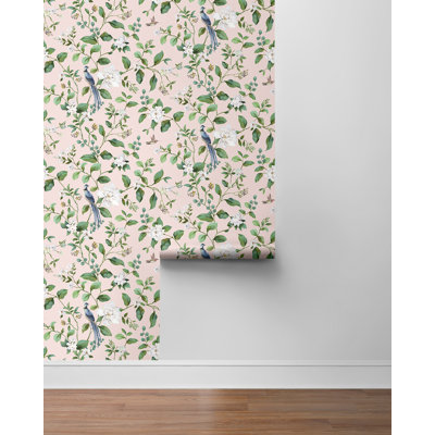 Daisy Bennett Designs Blush Chinoiserie Bird Vine Premium Matte Non-Woven Peel And Stick Wallpaper