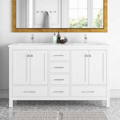 Anvay 60 in. Double Sinks Freestanding Bath Vanity in Matte White with Carrara Quartz Top