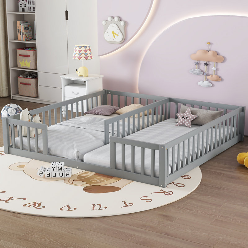 Lit double double avec clôture, garde-corps, lit Montessori sans porte pour filles, aucun sommier, Gris