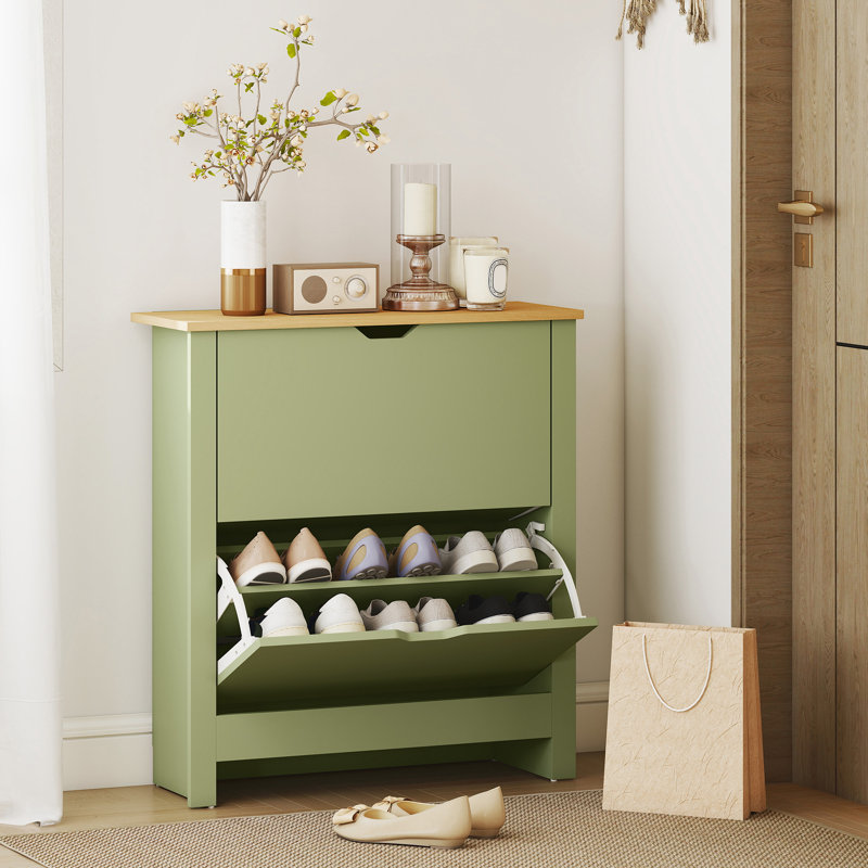 HOMCOM Shoe Cabinet Ultra Slim 2 Flip Drawers 6-12 Pairs, Green