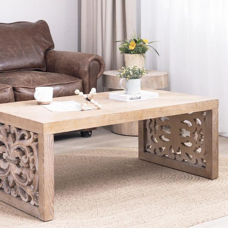 Table basse 47,2 "en bois massif sculpté - aspect fabriqué à la main avec panneaux latéraux ornés, Naturel