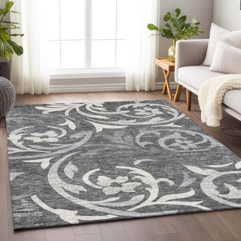 Tapis gris anthracite lavable à la machine Premium Prisco, Rectangulaire 3 pi x 5 pi