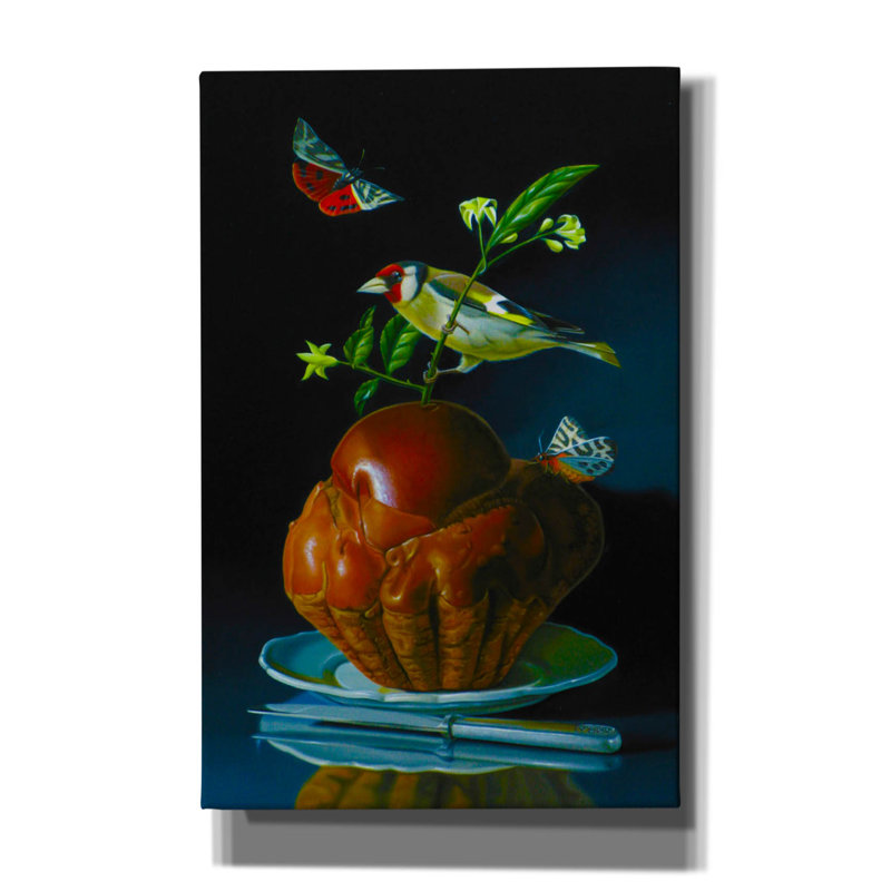 «La brioche et le chardonneret» par Valery Vecu Quitard, H 40 po x l 26 po x P 1,5 po