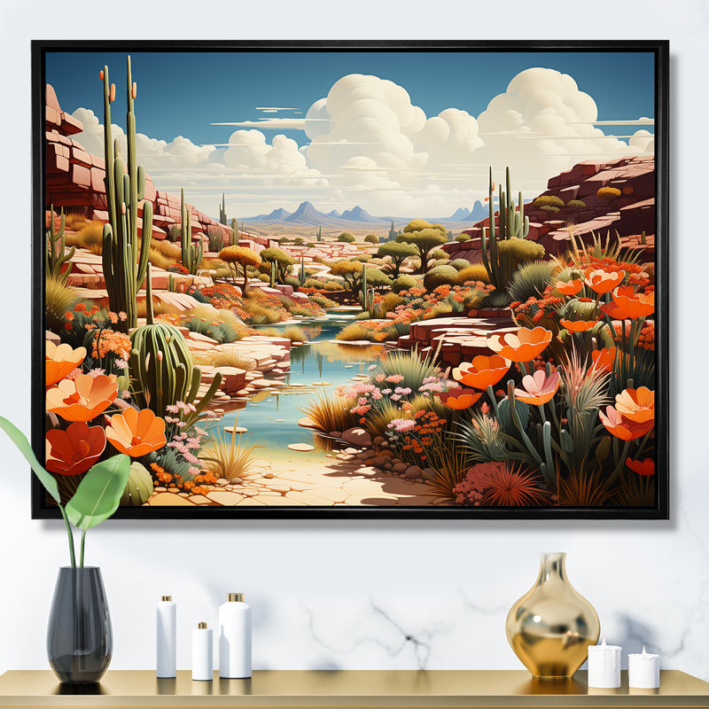 «Native Desert Oasis Blooms I» - art mural désert, Cadre flottant noir, H 30 po x l 40 po x P 1,5 po