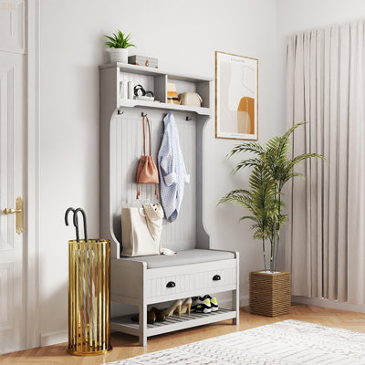 Arbre d'entrée 3 en 1 avec 2 tiroirs de rangement et 4 portemanteaux, banc de rangement pour chaussures en bois avec coussin de siège rembourré, banc de vestibule avec tablette de rangement supérieure