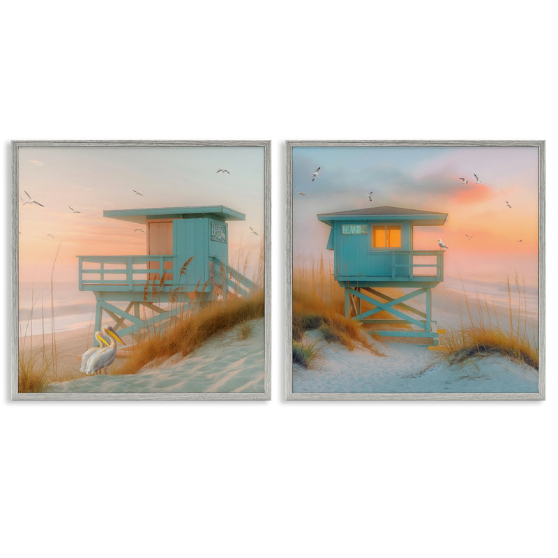 «Lifeguard Beach Hut Pelicans», ensemble de 2 giclées par Steve Hunziker, Estampe numérique Farmhouse, H 12 po x l 12 po