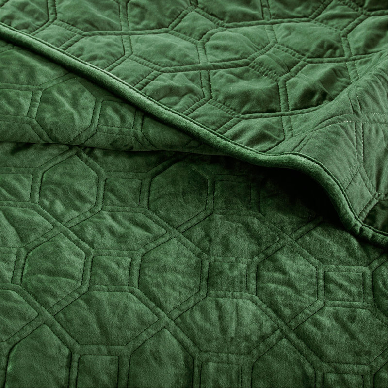 Ensemble de courtepointe 3 pièces en velours vert, Courtepointe double et 2 taies décoratives