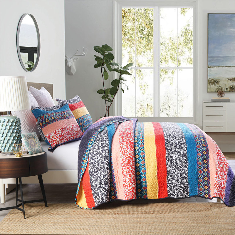 Ensemble de couvre-lit matelassé à rayures multicolores 3 pièces en polyester doux BY221