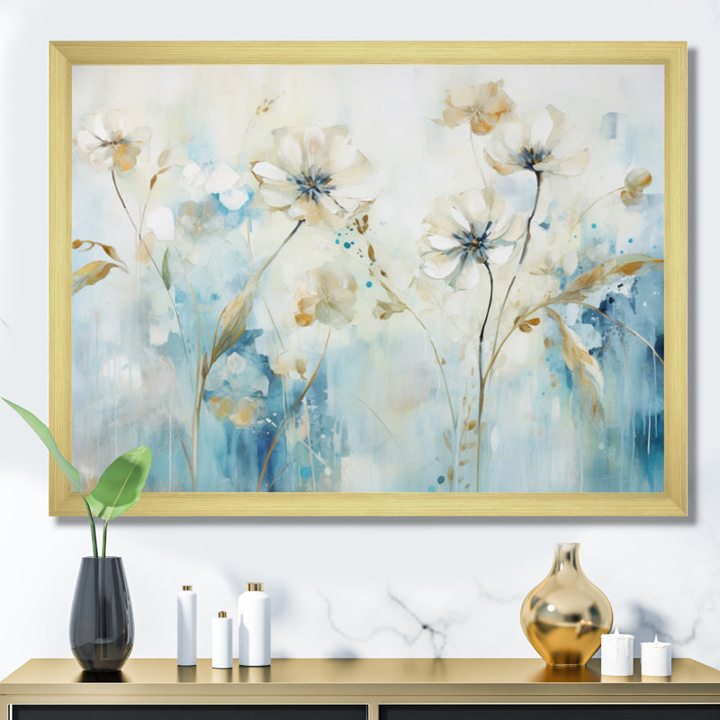 «Blue Botanical Garden I - Abstract Botanicals», reproduction d'art sur toile, Encadrement doré, H 16 po x l 32 po x P 1 po