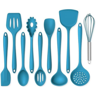 Ensemble d'ustensiles de cuisine bleu marine en silicone, comprenant 10 ustensiles (spatule, cuillère, fouet, cuillère à pâtes), compatibles avec le lave-vaisselle.