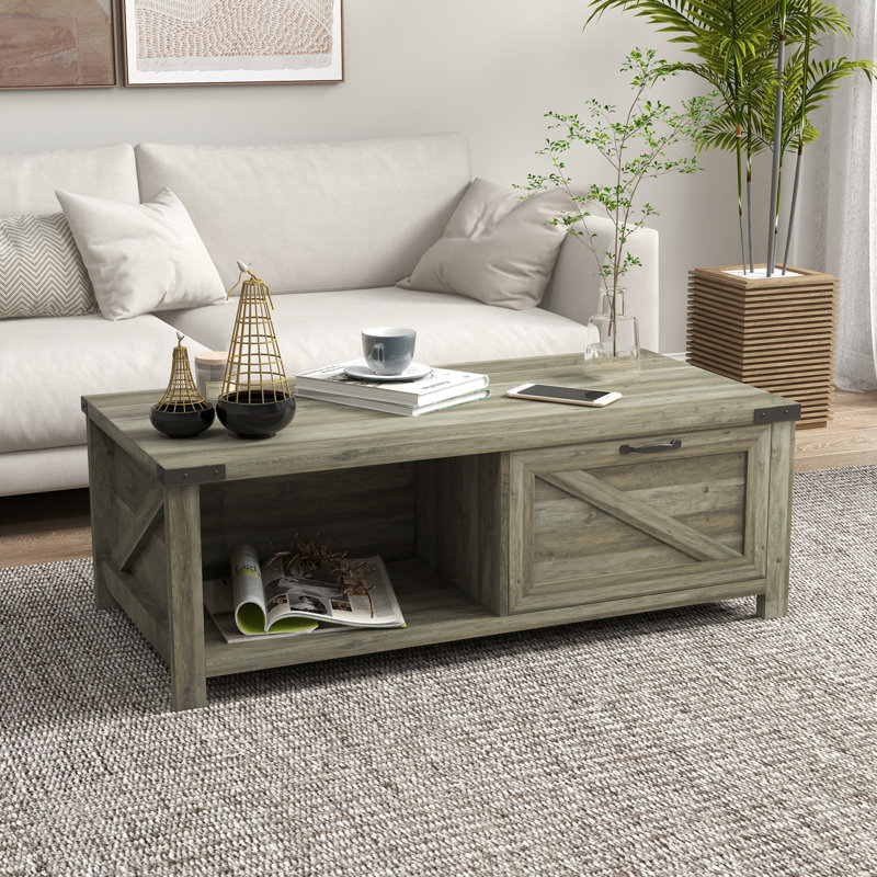 Table basse Farmhouse avec tiroir et tablette de rangement pour le salon, Gris / Chêne, Gris / Chêne