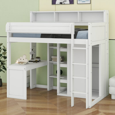 Wood Loft Bed With Multiple Storage Shelves And Wardrobe