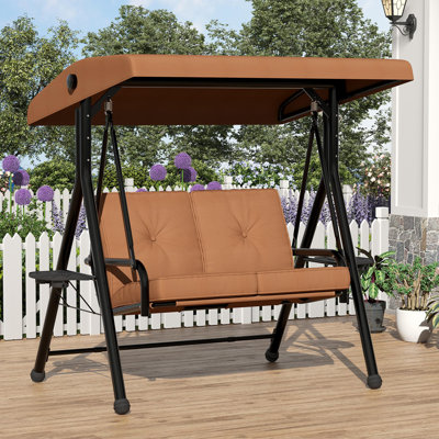 Adjustable 2-in-1 Outdoor Patio Swing Chair with Canopy, 2-Seat Grey Porch Swing, Cup Holders