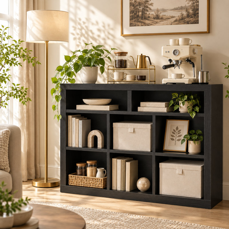 Meuble de rangement à 8 cubes avec tablette à 3 niveaux, bibliothèque ouverte de 120 cm de large, idéal pour le salon., Noir