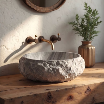 19'' Heavy-Chiseled Stone Resin Oval Vessel Sink With Rough-Hewn Rock Rim