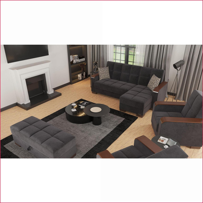 Repose-pieds avec rangement, microfibre convertible noire | Garniture en bois brun noyer | Petits espaces, dortoirs, studios