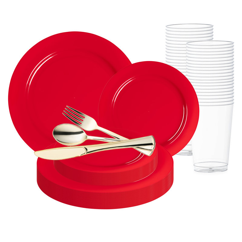 Solid Red Holiday Round Disposable Plastic Wedding Value Set - 30 Settings