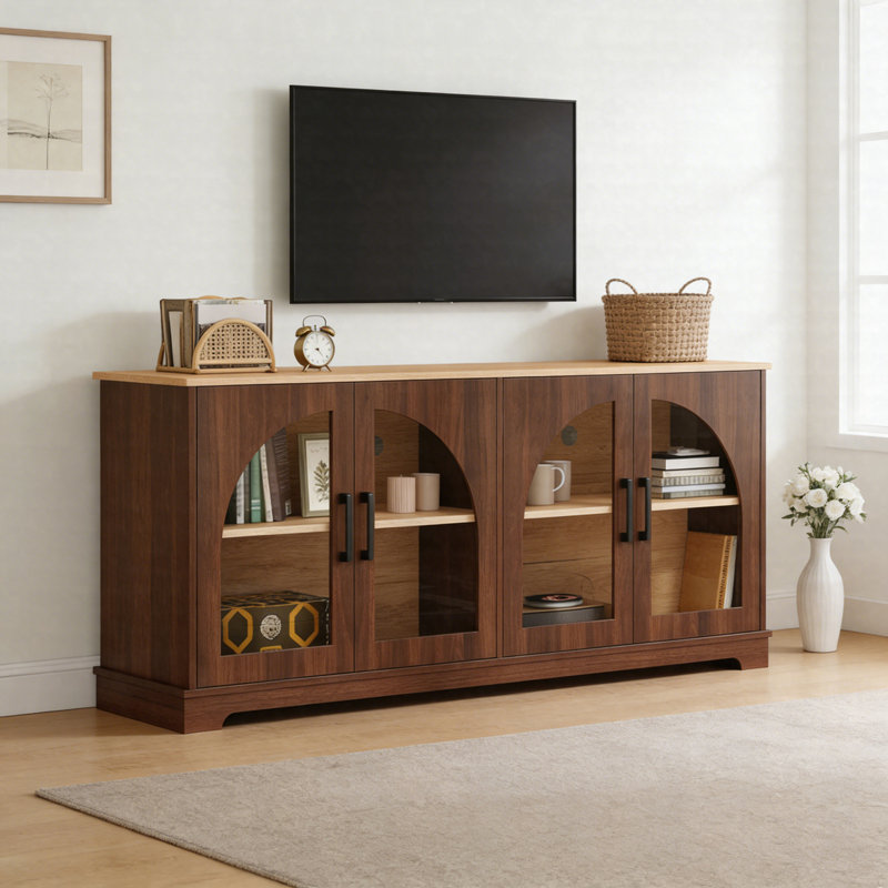 Meuble télé Farmhouse avec portes en verre semi-arquées pour téléviseur de 70 po ou moins, console multimédia à deux tons avec tablettes réglables et gestion des câbles