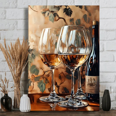 Verre à vin et bouteille: Toile liquide dorée, toile de fond floral, toile profonde de 1 po - 24 po x 36 po