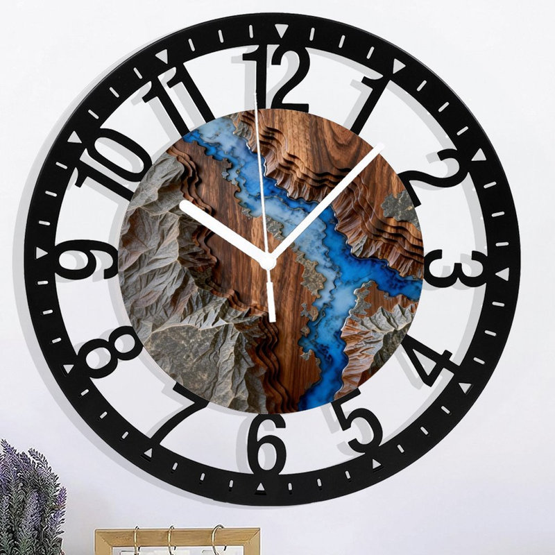 Horloge murale ronde en fer 10 po avec mouvement à quartz silencieux, chiffres arabes, impression UV, Bleu brun