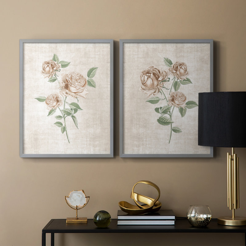 «Blush Rose Botanical I», reproduction encadrée de qualité supérieure - prête à être accrochée - aucun clou requis - aucun clou requis