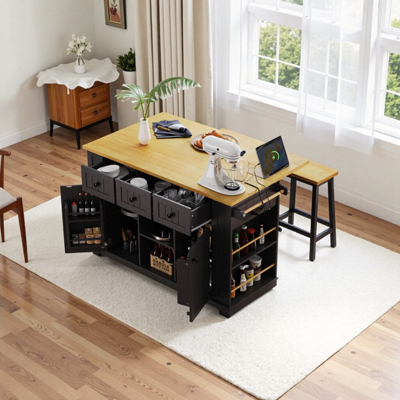 53" Kitchen Island Set with 2 Bar Stools – Complete Breakfast Nook Solution, Black