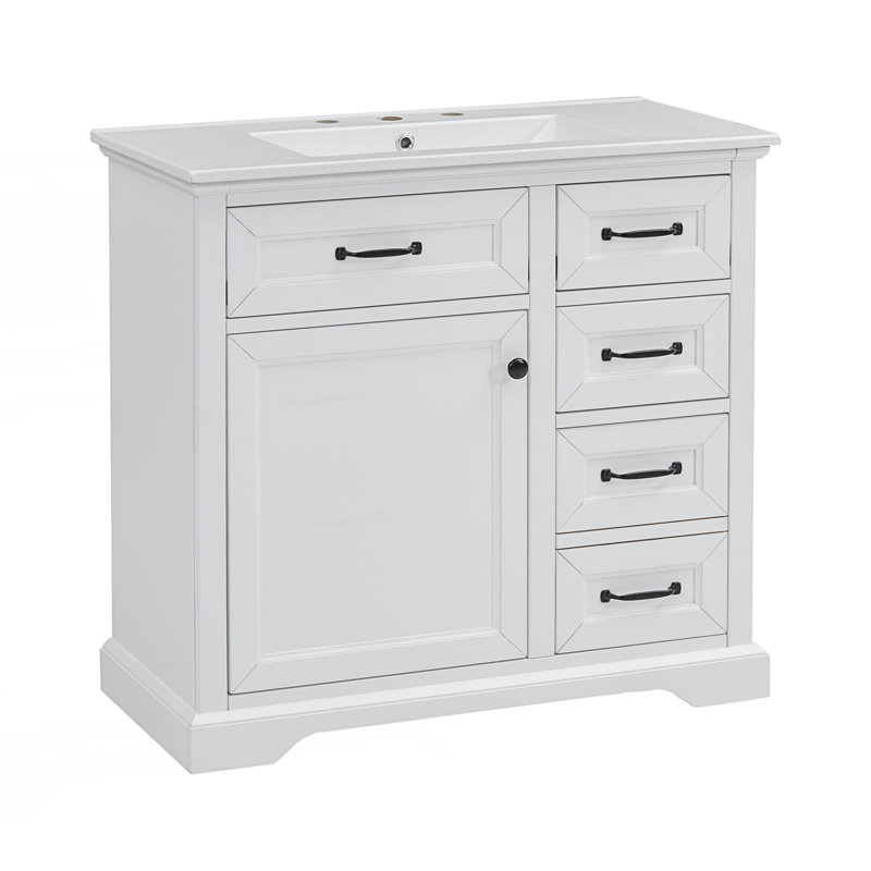 Meuble-lavabo de salle de bain avec lavabo en céramique, 2 tiroirs basculants, porte à fermeture en douceur, Blanc