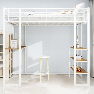 Lit à structure en fer avec lit et table, lit pour enfants et adolescents avec bureau en forme de L, lit à structure en fer avec rampe et escalier, avec des escaliers des deux côtés peut être placé n'importe où