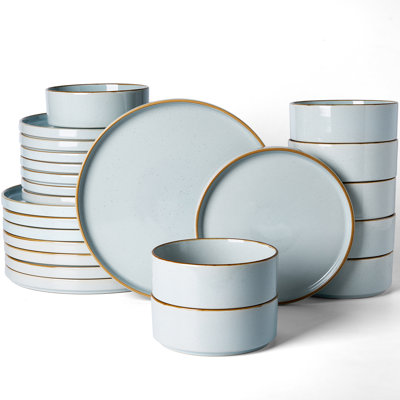 Nebula Plates And Bowls Sets, 24 Piece Dinnerware Sets,Light Blue with Brown Rim