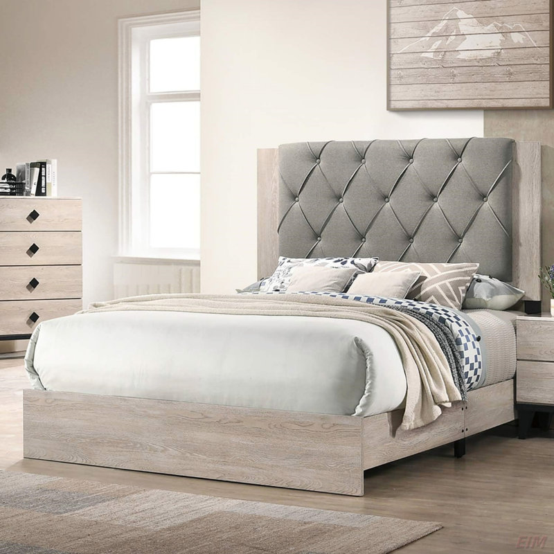 Cadre de lit contemporain 1pc, Très grand californien, Crème/gris
